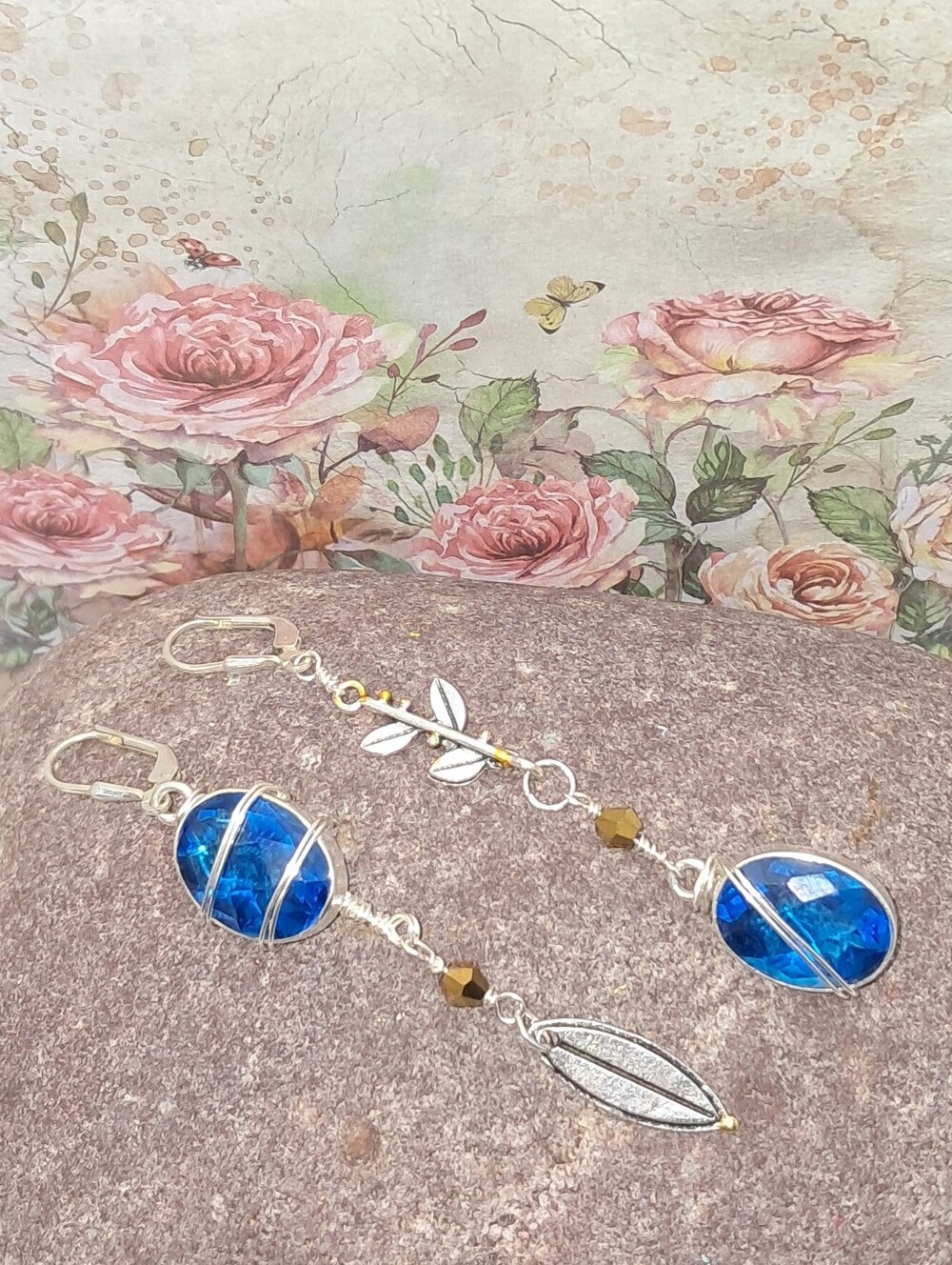 Asymmetrical Botanical 925 Silver Drop Earrings w/ Deep Blue Crystals Gold Beads